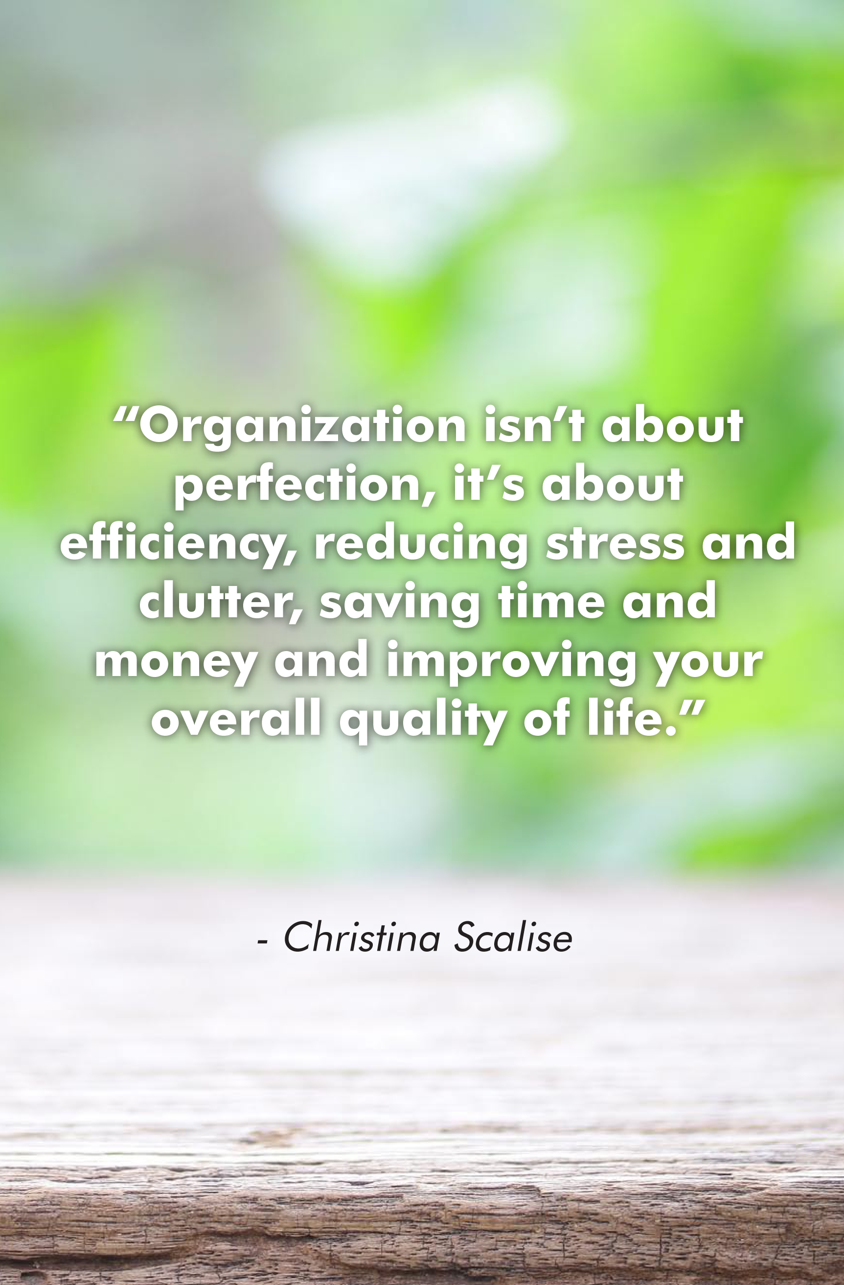 "Organization isn't about perfection, it's about efficiency, reducing stress and clutter, saving time and money and improving your overall quality of life.”